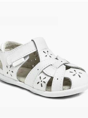 pediped Nikki - Grip ‘n’ Go White Leather T-Strap Sandals with Floral Cutouts 5T